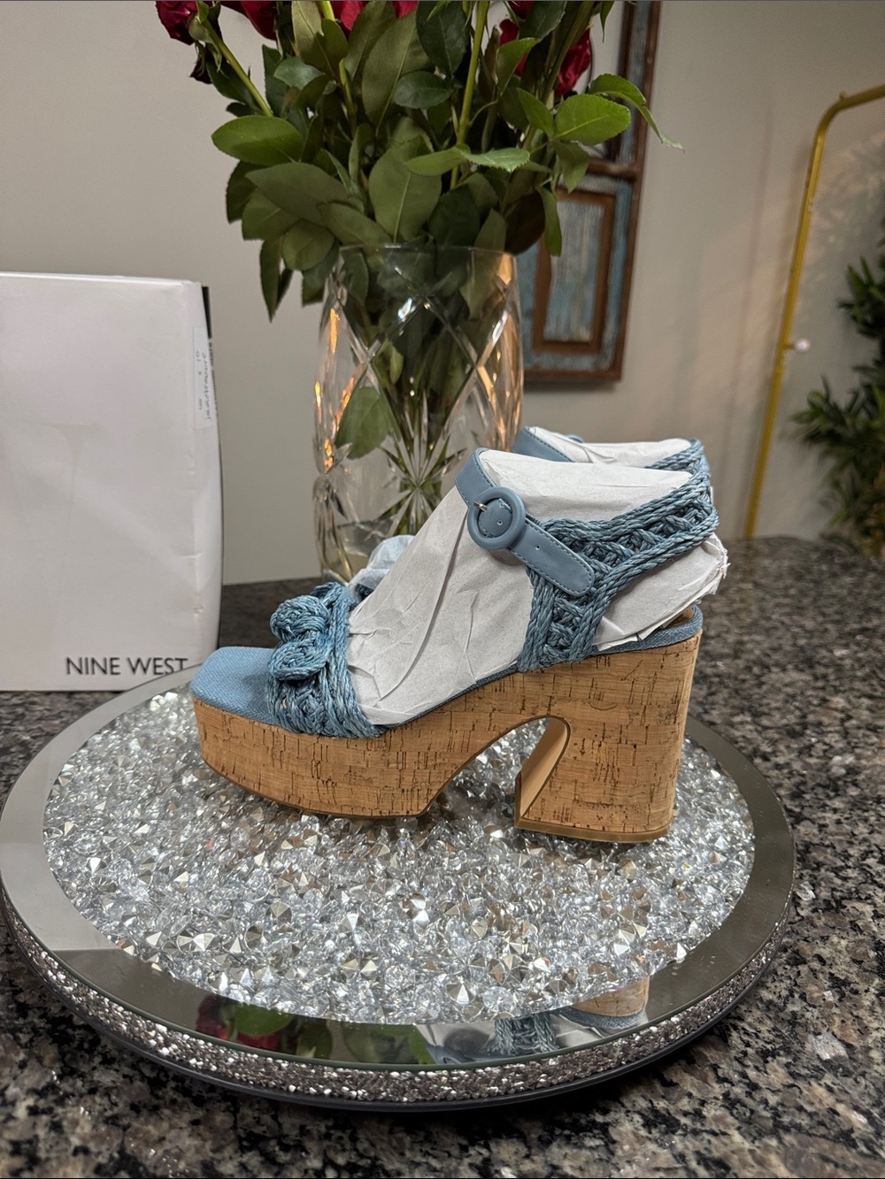 Nine West Comiele Light Blue denim Braided Cork Platform SandalsNEW 9